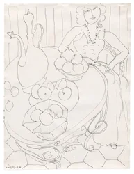 Femme assise à une table avec des fruits et une cruche