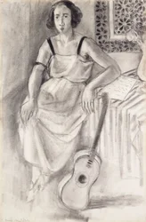 Femme assise avec une guitare, vers 1921-23 (fusain sur papier)