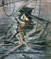 Un plongeur cherchant une épave dans le port de La Havre, France, 1892