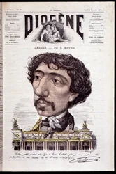 Caricature de Charles Garnier, assis sur son œuvre, l