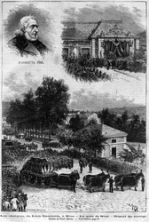 Mort de Léon Gambetta (1838-1882) homme politique français - Les obsèques de Léon Gambetta à Nice - la gare de Nice - départ du cortège - dans "Le journal illustré" de 1883 - Dessin de Henri Meyer (1844-1899)