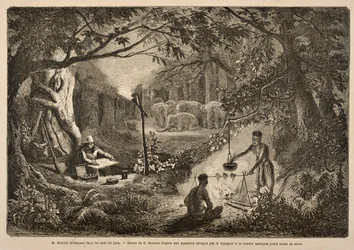 Henri Mouhot campant dans les jungles du Laos, illustration de 