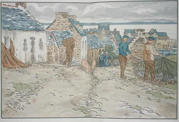 Pêcheurs bretons arrangeant leurs filets