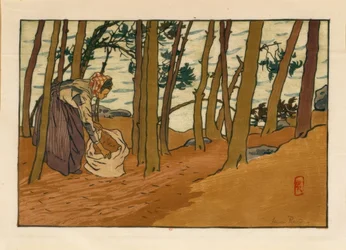 Femme ramassant des aiguilles de pins (Bords du Trieux, Loguivy)