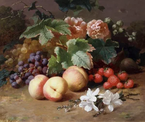 Nature morte de fleurs et de fruits. Peinture de Henri Robbe (1807-1899) Collection privee.