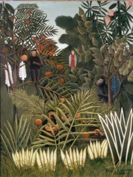 Paysage exotique avec des singes et un perroquet