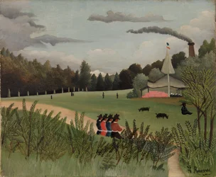 Paysage et quatre jeunes filles