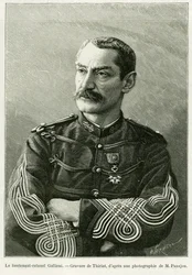 Lieutenant-Colonel Joseph Gallieni (1849-1916). Gravure de Thiriat, pour illustrer le récit Deux campagnes au Soudan français