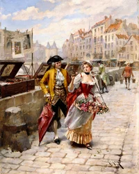 Gentleman et marchande de fleurs près des étals de livres par la Seine
