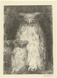 Chouette avec deux chouettes assises sur une branche (Étude de trois chouettes, L