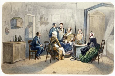 Veillée : « Une lecture à la porte » par de Montaut (loge de concierge), 19e siècle