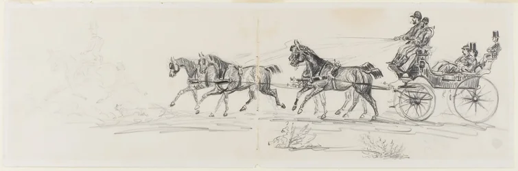 Carrosse tiré par des chevaux précédé d