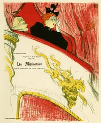 Une femme dans une loge de théâtre utilisant une paire de jumelles. Affiche pour Le Missionnaire, pièce de Marcel Luguet, représentée en 1893 au Théâtre Libre créé en 1887 par André Antoine (1858-1943), Illustration en lithographie par Henri de Toulouse-La