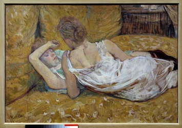Les deux amies. Jeunes femmes allongées sur un lit - Peinture d