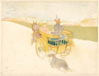 Partie de campagne (Homme et femme dans une calèche ouverte traversant un paysage avec un chien)