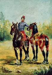 Deux chevaux et un palefrenier, 1880