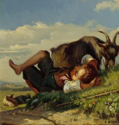 Garçon berger avec des chèvres