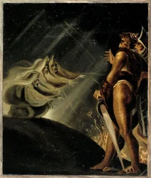 Les sorcières flottant au-dessus de Macbeth et Banquo