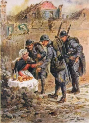 Une vieille femme vendant des gâteaux au milieu des maisons en ruine de Verdun, illustration de Brave Deeds by Brave Men par C. Sheridan Jones, pub. 1922