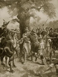 Saint Edmond tué par les Danois, 870 apr. J.-C., illustration tirée de «Histoire de la nation britannique de Hutchinson», vers 1920