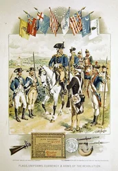 Drapeaux américains, uniformes, monnaie et armes de la Révolution, illustration de 