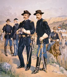 Brigadier général Nelson A. Miles, officiers de ligne et soldats en tenue de campagne de 1888