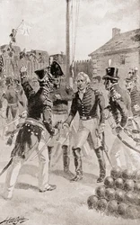 Le brigadier général William Hull se rend au fort et à la ville de Detroit, Michigan, Amérique pendant le siège de Detroit, tiré de L