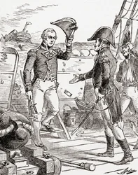 Le capitaine Dacres du HMS Guerriere se rend et offre son épée au capitaine Hull à bord de l