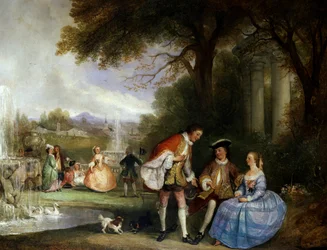 Excusez-Moi. Scenes galantes dans un jardin avec des fontaines (reverence). Peinture de Henry Andrews (D.1868 British) Collection privee