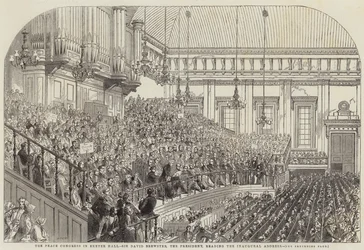Le Congrès de la paix à Exeter Hall, Sir David Brewster, le président, lisant le discours inaugural