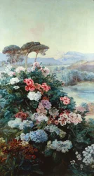 Camélias et autres Fleurs dans un Paysage