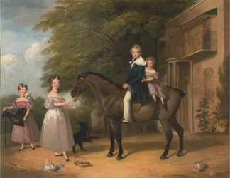 Enfants avec cheval et chien