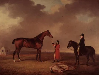 Cheval bai avec palefrenier sur Newmarket Heath