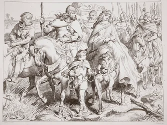 Hereward protège Alftruda vers un lieu sûr, illustration de Hereward the Great par Charles Kingsley, pub. 1870, gravée par C.G. Lewis