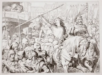 Comment Hereward est devenu Berserker, illustration de Hereward the Great par Charles Kingsley, pub. 1870, gravé par C.G. Lewis
