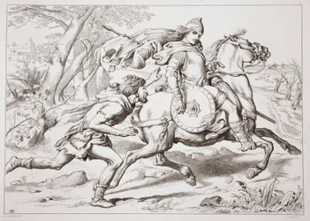 Comment Martin Lightfoot rattrape Hereward, illustration de Hereward the Great par Charles Kingsley, pub. 1870, gravée par C.G. Lewis