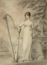 Portrait en pied de "Mlle V. Dupuis" appuyée sur une harpe. En arrière-plan une fontaine et un paysage avec des cerfs