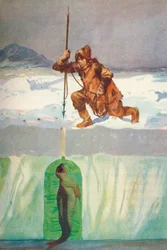 Esquimau sur le point de harponner un phoque à travers son trou de respiration, vers 1927, 1928