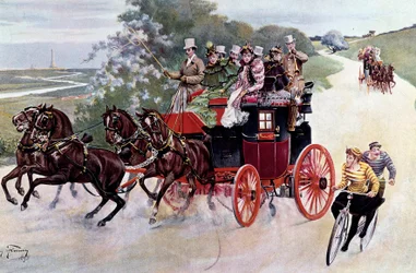 Attelage chargé de passagers et de cyclistes