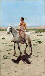 Cheyenne Scout. Un indien sur un cheval avec un fusil. Peinture de Henry Francois Farny (1847-1916)