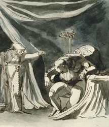 Une vieille femme portant un chapelet maudissant un homme assis ; peut-être la reine Marguerite maudissant le duc de Gloucester