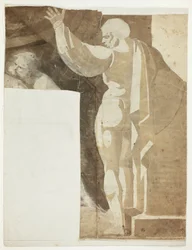 Figure masculine avec bras gauche levé vue de dos, et fragment de vieil homme