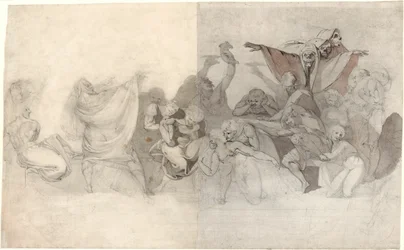 Triomphe de la mort : Trois squelettes envahissant une bacchanale orchestrée par un magicien ou un démon maléfique
