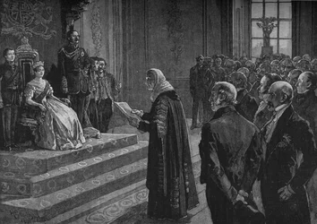 Pairs et représentants du peuple présentant une adresse patriotique à la reine à la veille de la guerre de Crimée, 1891