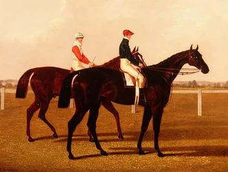 Les chevaux de course "Charles XII" et "Euclid" avec jockeys
