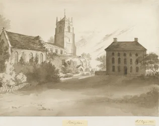Église de Pattingham et Presbytère : dessin au lavis sépia, 1844