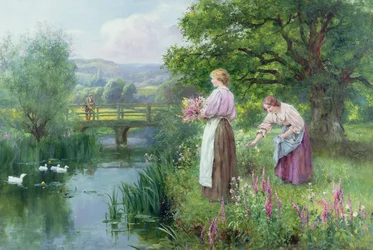 Filles cueillant des fleurs