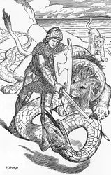 Perceval combattant le serpent Illustration par HJ Ford (1860-1940) de « Le livre de la romance » 1902 Collection privée