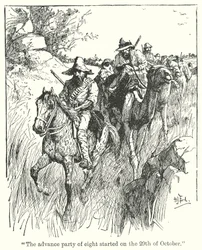 "Le détachement précurseur de huit personnes a démarré le 29 octobre" (lithographie)