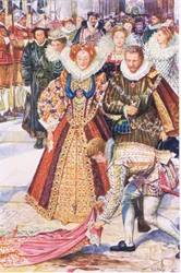Walter Raleigh sacrifie son manteau pour la reine Elizabeth, illustration de Kenilworth, c.1910